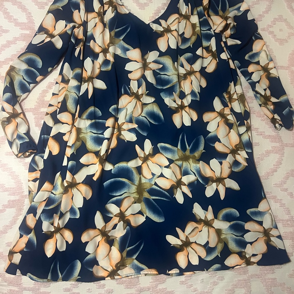 Cream and Blue Asymmetrical Midi Dress with Long Sleeves
